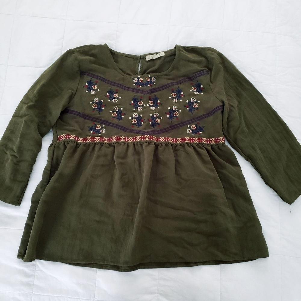 Olive Green Embroidered Babydoll Blouse